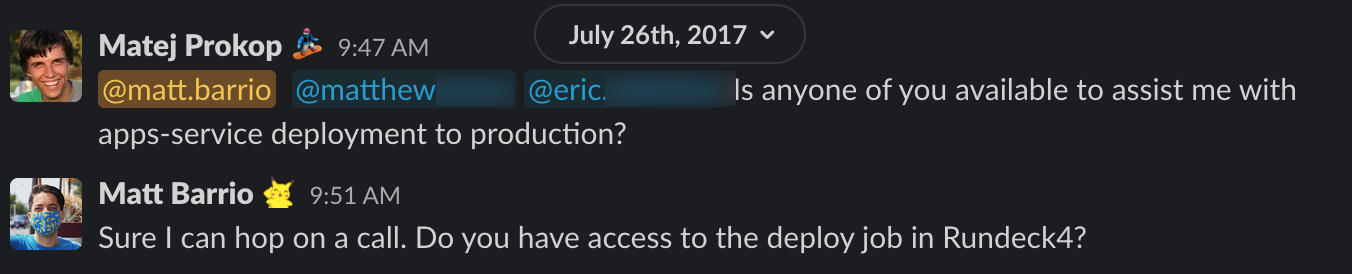 2017 Slack communication for deploying a new service